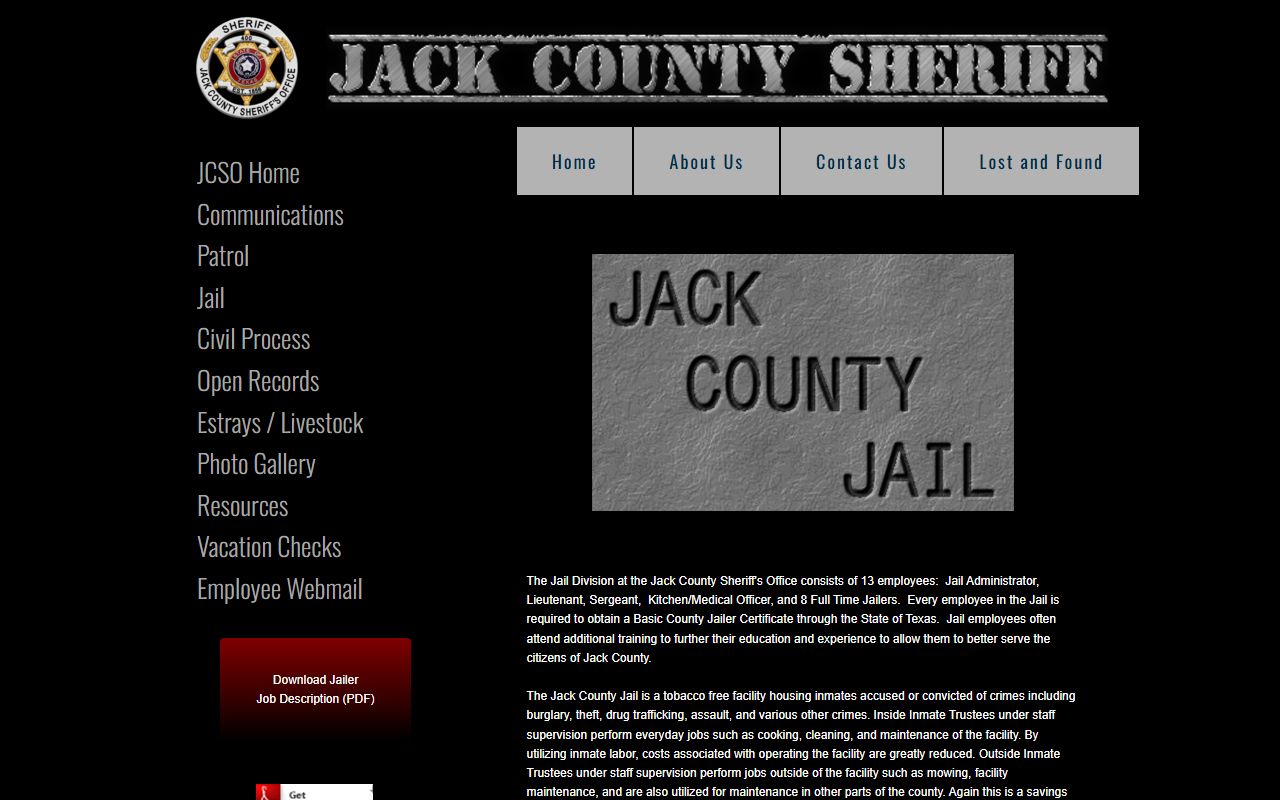 Jack County jail page with inmate population report link