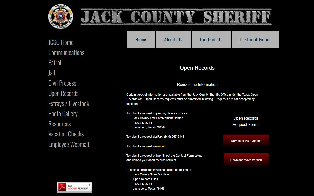 Jack County inmate records open records request page